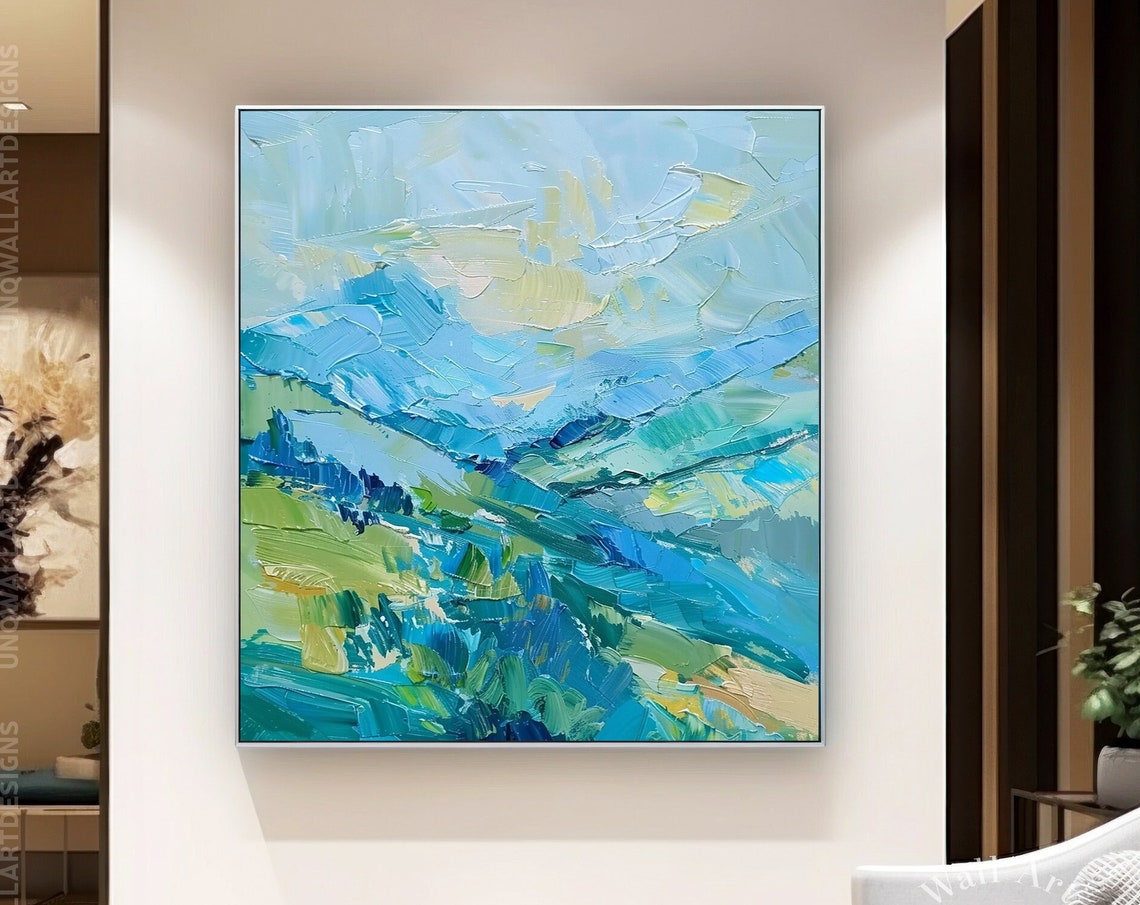 Soft Mint Blue Mountains Pastel Impasto Modern Landscape Art Poster