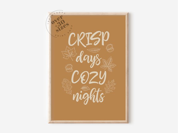Crisp Days Cozy Nights Fall Script Leaf Line Art Autumn Wall Print