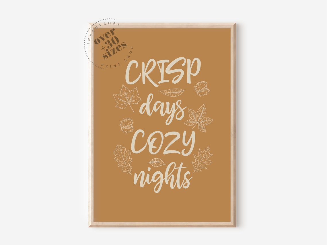 Crisp Days Cozy Nights Fall Script Leaf Line Art Autumn Wall Print