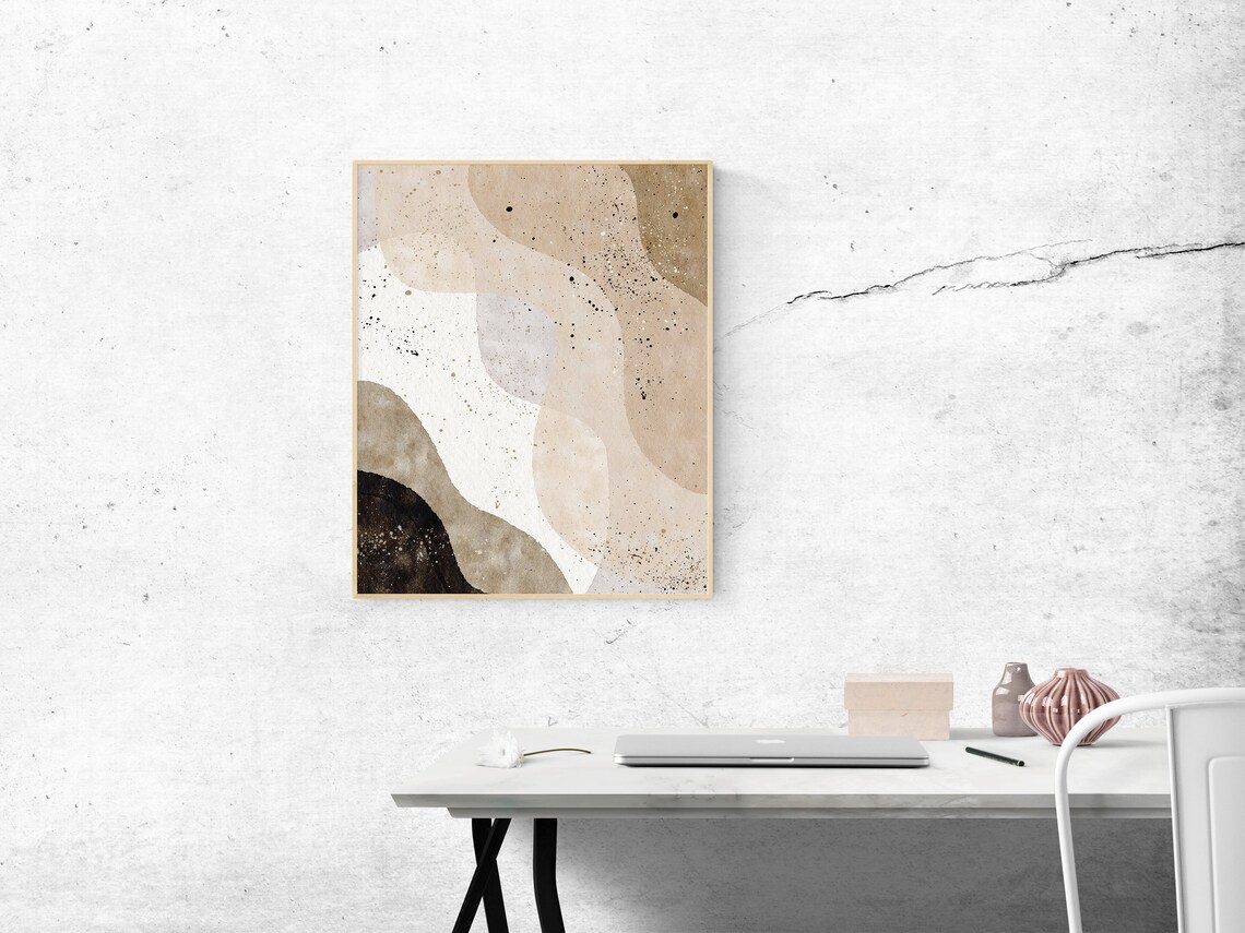 Abstract Beige Waves Neutral Minimalist Modern Speckled Wall Art - Image 5