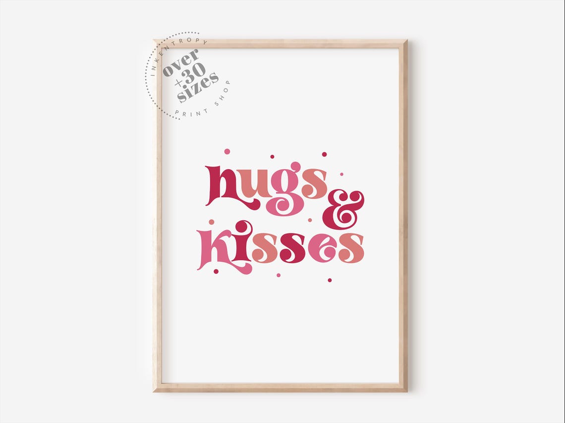 Hugs and Kisses Retro Pink Script Valentines Day Typography Print