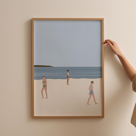 Tiny People Beach Print Cute Bathroom Beach Art Minimalist Swimming Art Summer People Wall Poster Beach House Decor