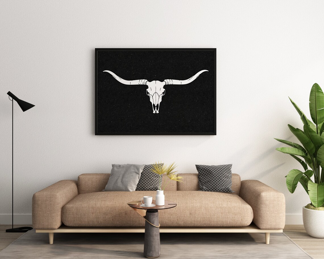 Long Horn Skull Black And White Southwestern Art Print - Image 4