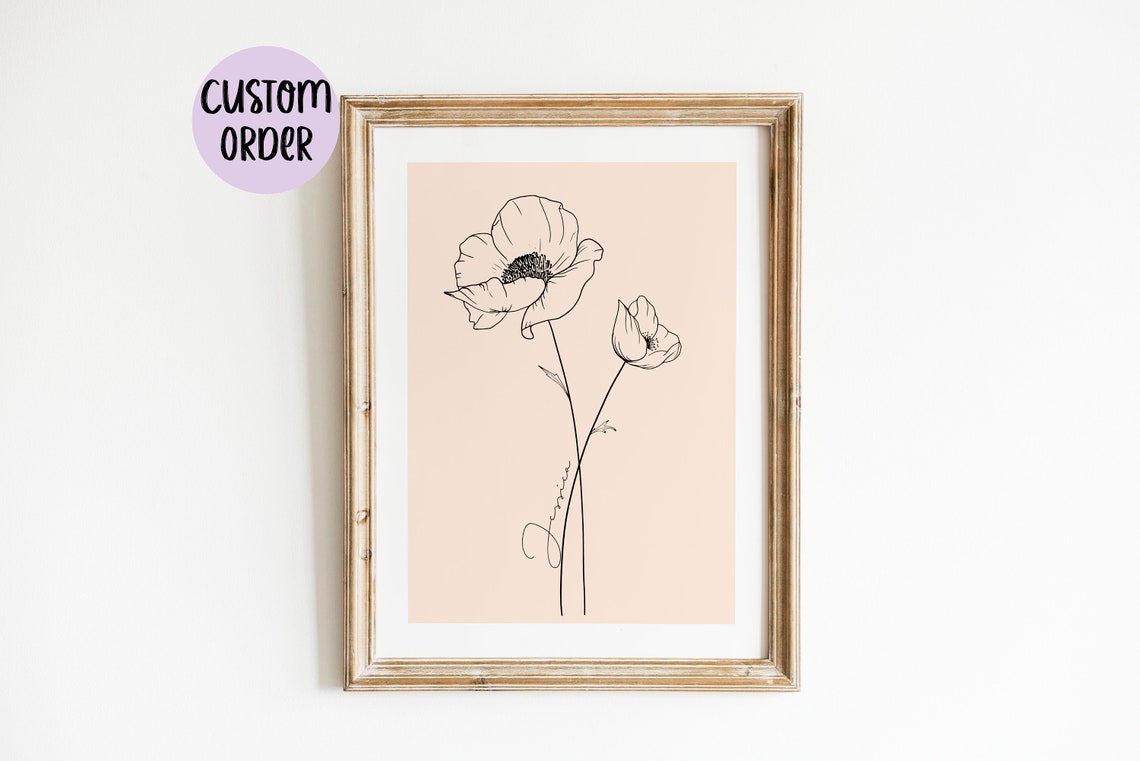 Twin Poppy Line Art Peach Background Minimalist Botanical Poster