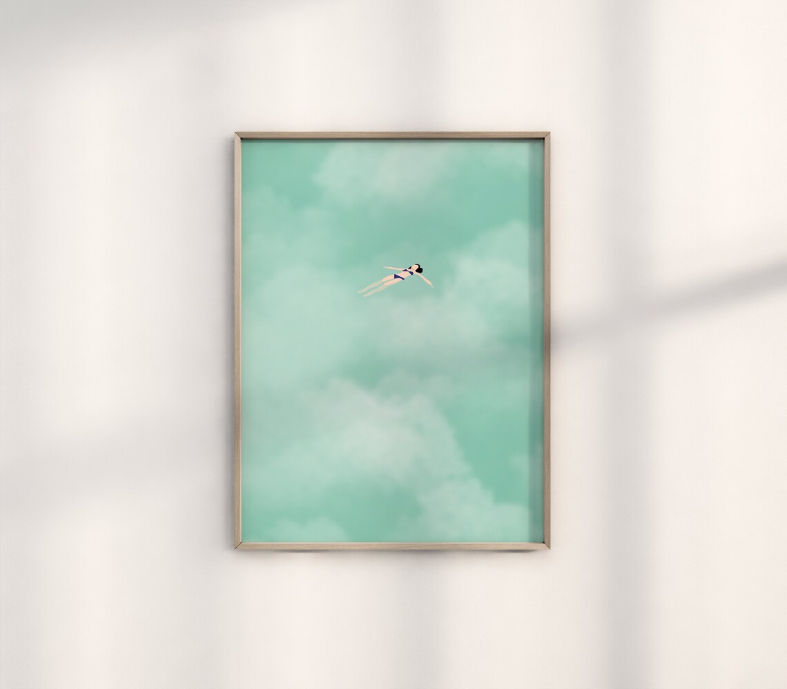 Woman Floating In Clouds Summer Beach Art Print