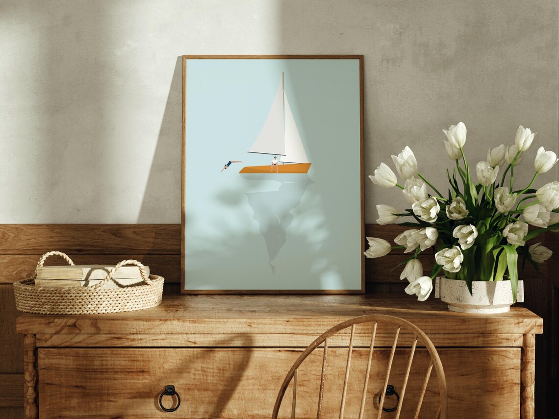 Tiny People on Sailboat Minimalist Beach Poster - Image 4