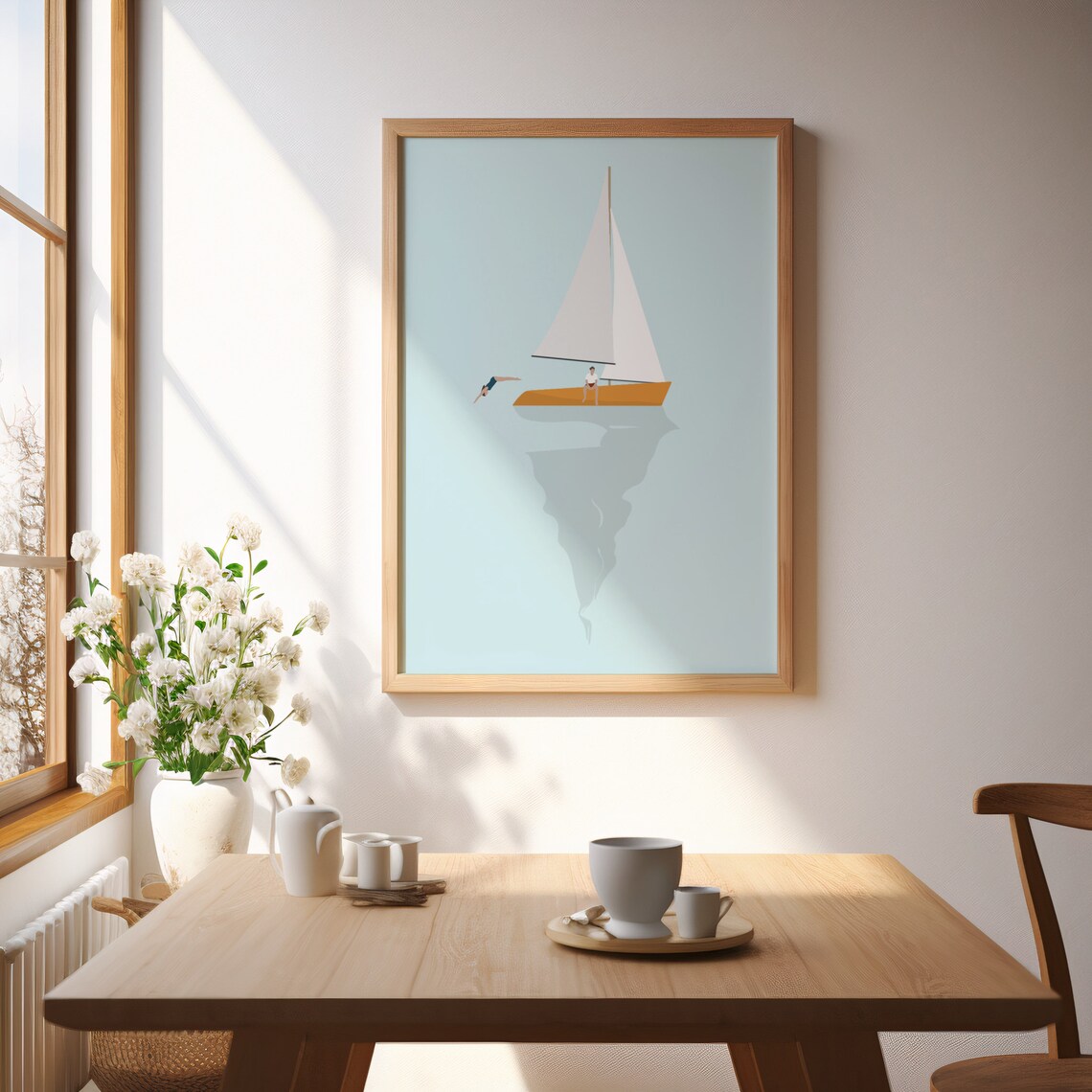 Tiny People on Sailboat Minimalist Beach Poster - Image 2