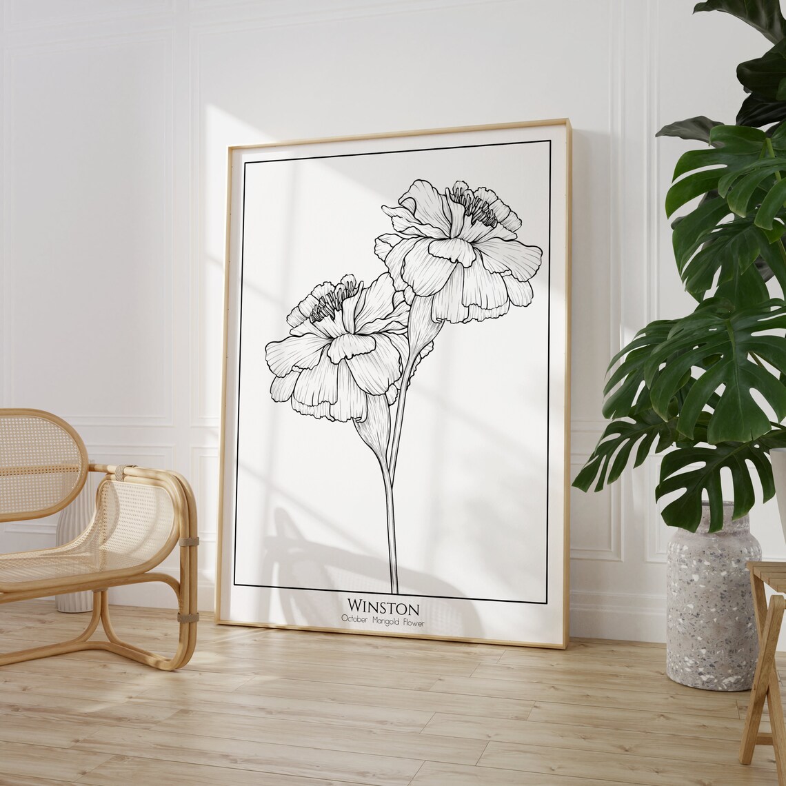 Rachel Personalized August Poppy Flower Black and White Line Poster - Image 4