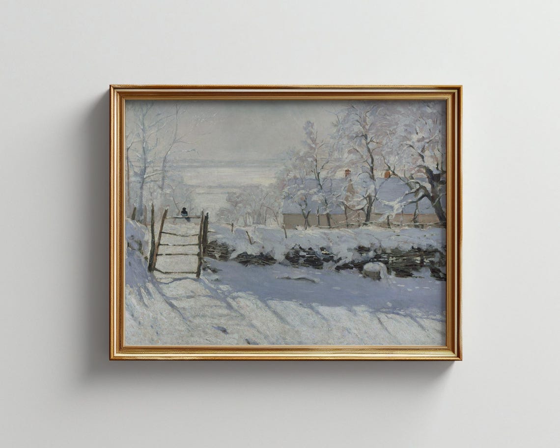 Snowy Impressionist Winter Landscape Fence Oil Painting Poster