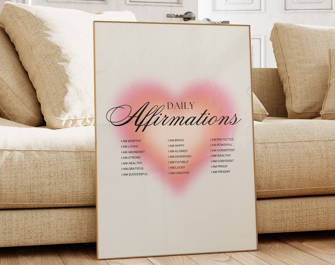 Daily Affirmations Pink Aura Heart I Am Mantras Mindfulness Poster
