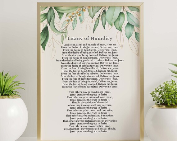 Litany Of Humility Catholic Prayer Poster With Green Botanical Border