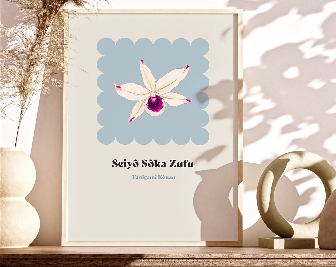 Tanigami Konan Seiyo Soka Zufu White Orchid Botanical Art Poster
