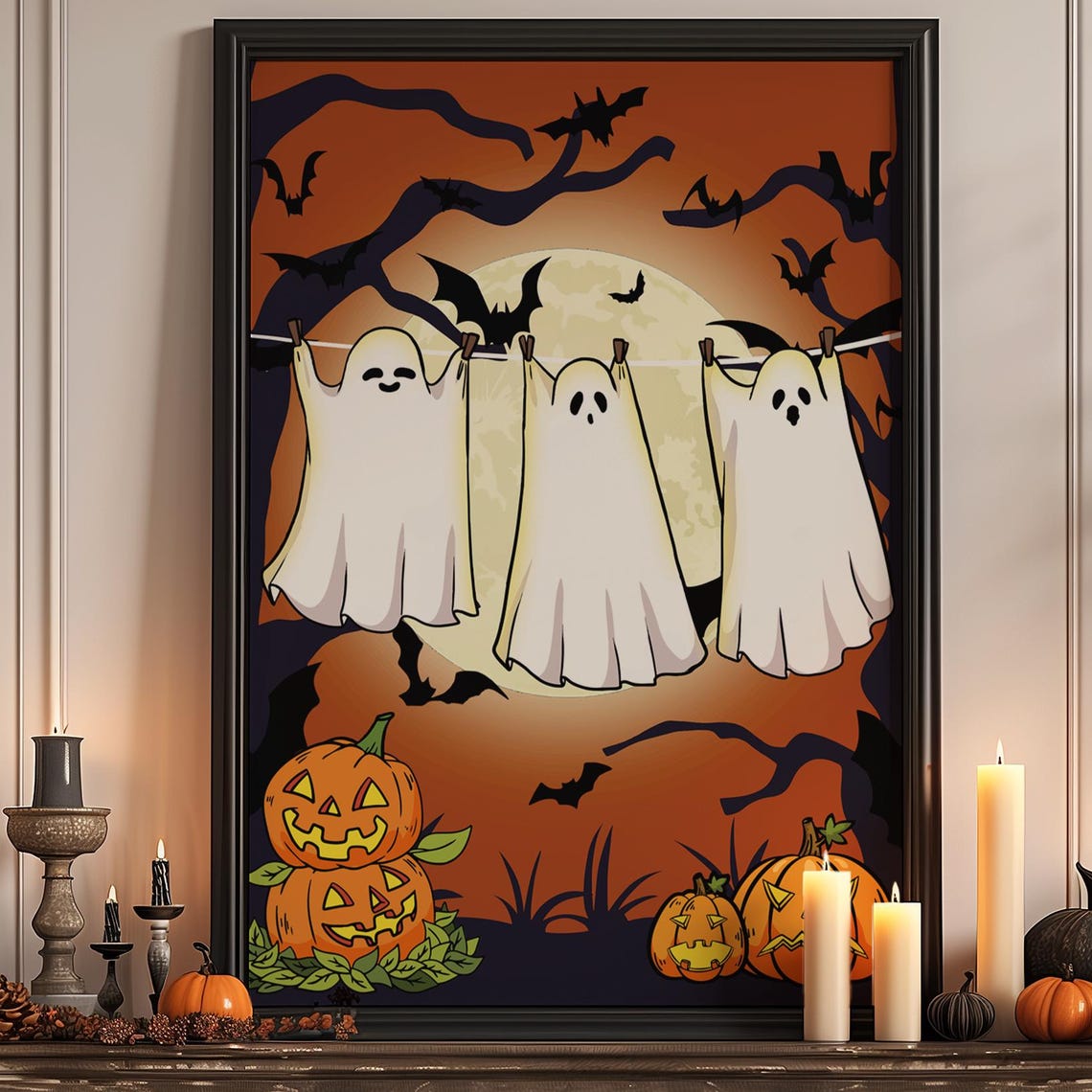 3 Ghosts Hanging Halloween Spooky Poster Print For Home Decoration Autumn Wall Art Children Fall Llustration