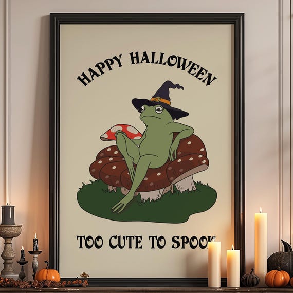 Happy Halloween Fun Poster Spooky For Children Print Autumn Decoration Frog On Mushrooms Illustration