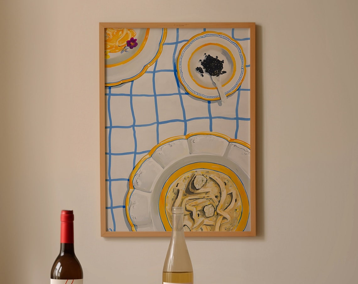 Hand Drawn Dinner Party Pasta Table Maximalist Kitchen Wall Art