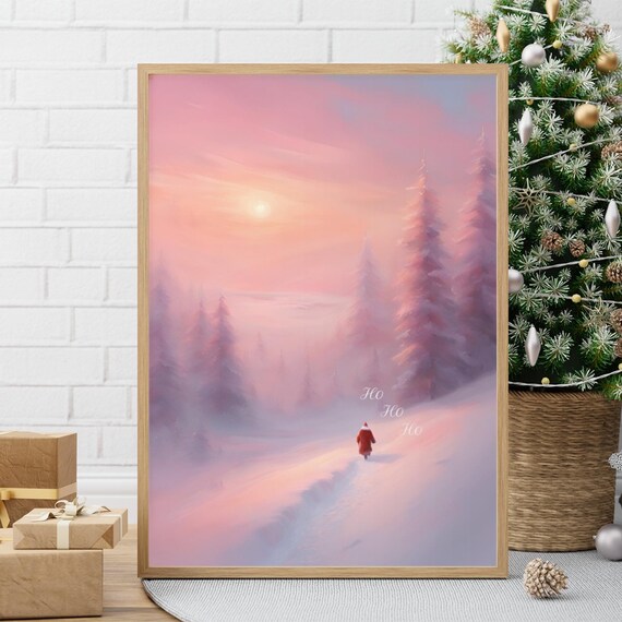 Santa in Pink Snowy Forest Ho Ho Ho Vintage Christmas Art Poster