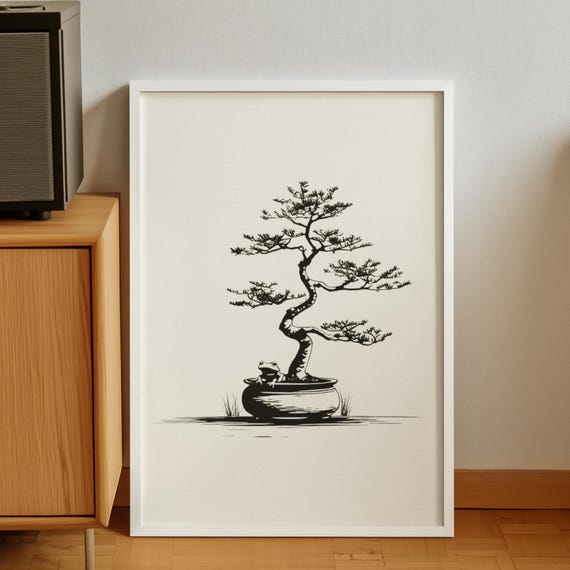 Vintage Japanese Frog Sketch Print Zen Insprational Wall Art Japandi Bonsai Tree Minimalist Spa Room Decor