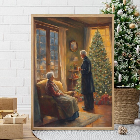 Vintage Christmas Couple by the Tree Cozy Nostalgic Oil Painting Poster