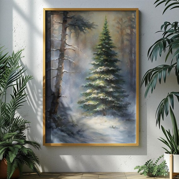 Moody Winter Evergreen Forest Snow Watercolor Landscape Art Poster