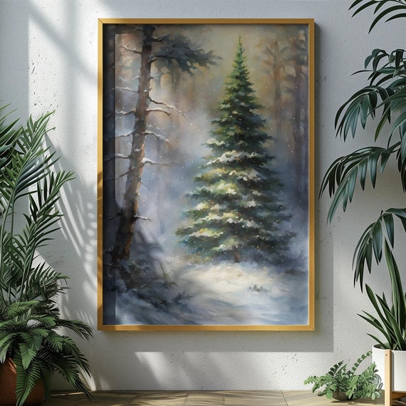 Vintage Christmas Tree Wall Art Moody Winter Evergreen Print Rustic Farmhouse Holiday Decor