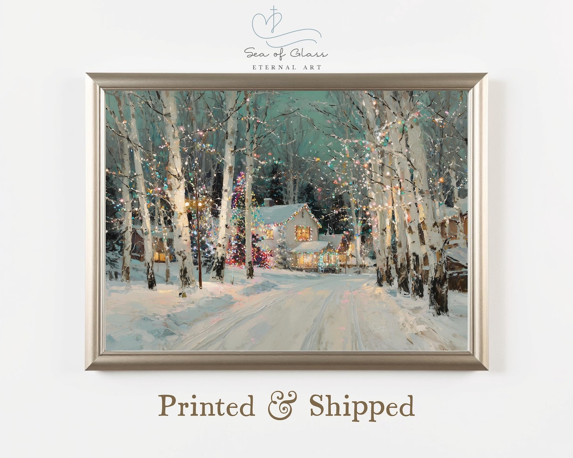 Winter Wonderland Christmas Print, Snowy Cabin Landscape