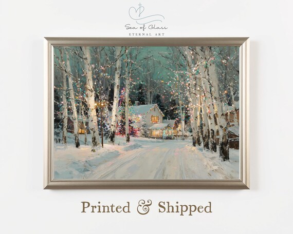 Winter Wonderland Christmas Print, Snowy Cabin Landscape