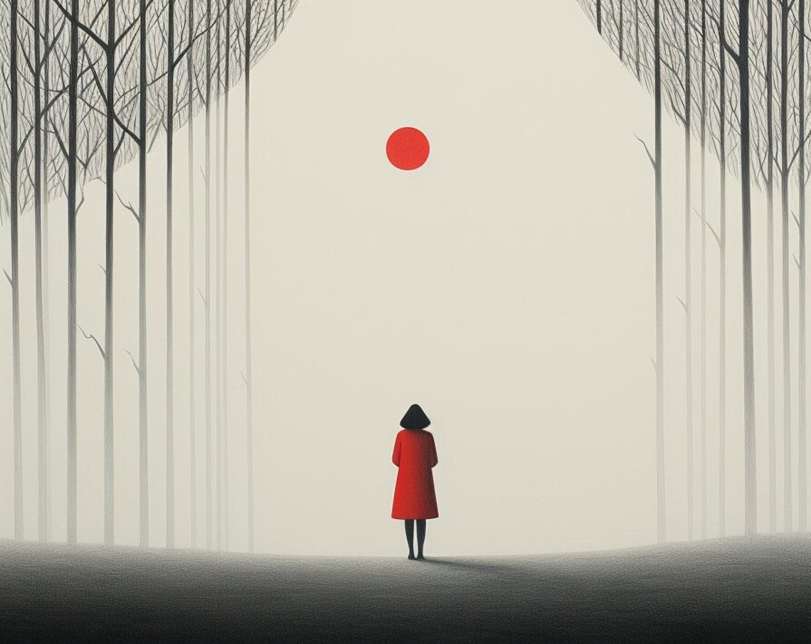 Red Coat Figure Among Bare Trees Under Red Sun Minimalist Poster