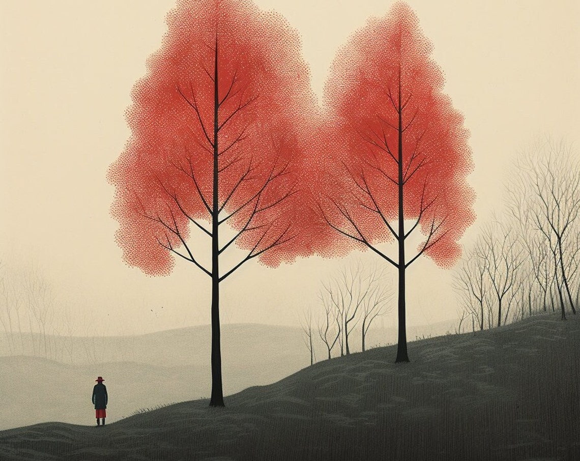 Two Red Trees on Misty Rolling Hills Minimalist Landscape Poster