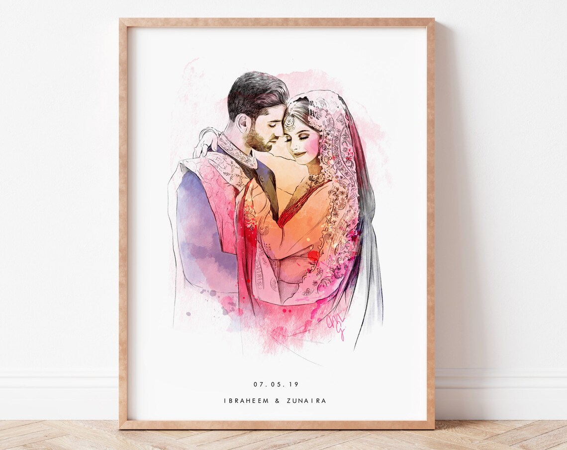 Watercolor South Asian Wedding Couple Portrait Poster Elegant Gift