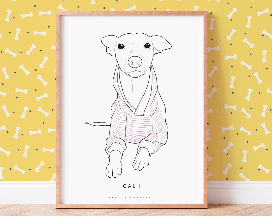 Custom Dog Portrait Line Art in Striped Shirt Poster Keepsake Gift