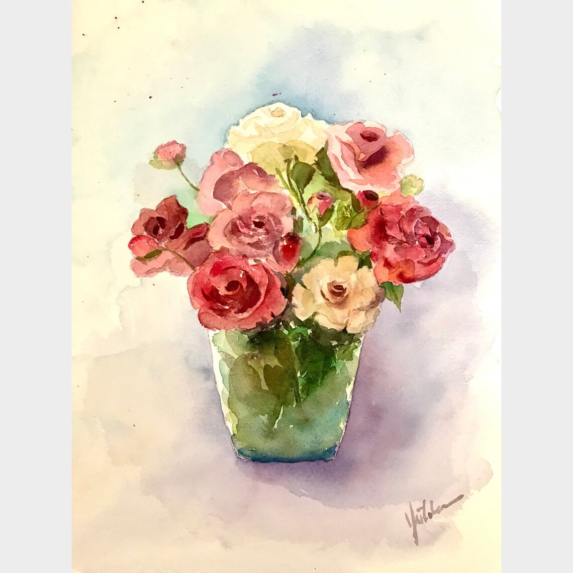 Bouquet of Pink and Cream Roses in a Green Vase Watercolor Poster
