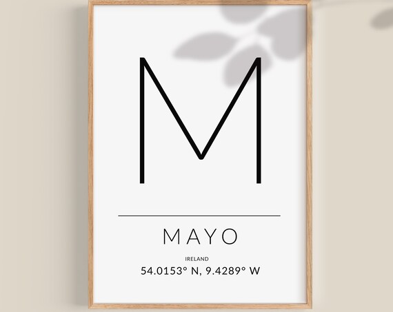 Mayo Ireland Travel Poster, GPS Coordinates Wall Art