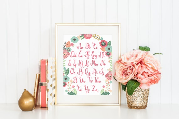 Floral Alphabet Nursery Art Print, Pretty Girl Decor