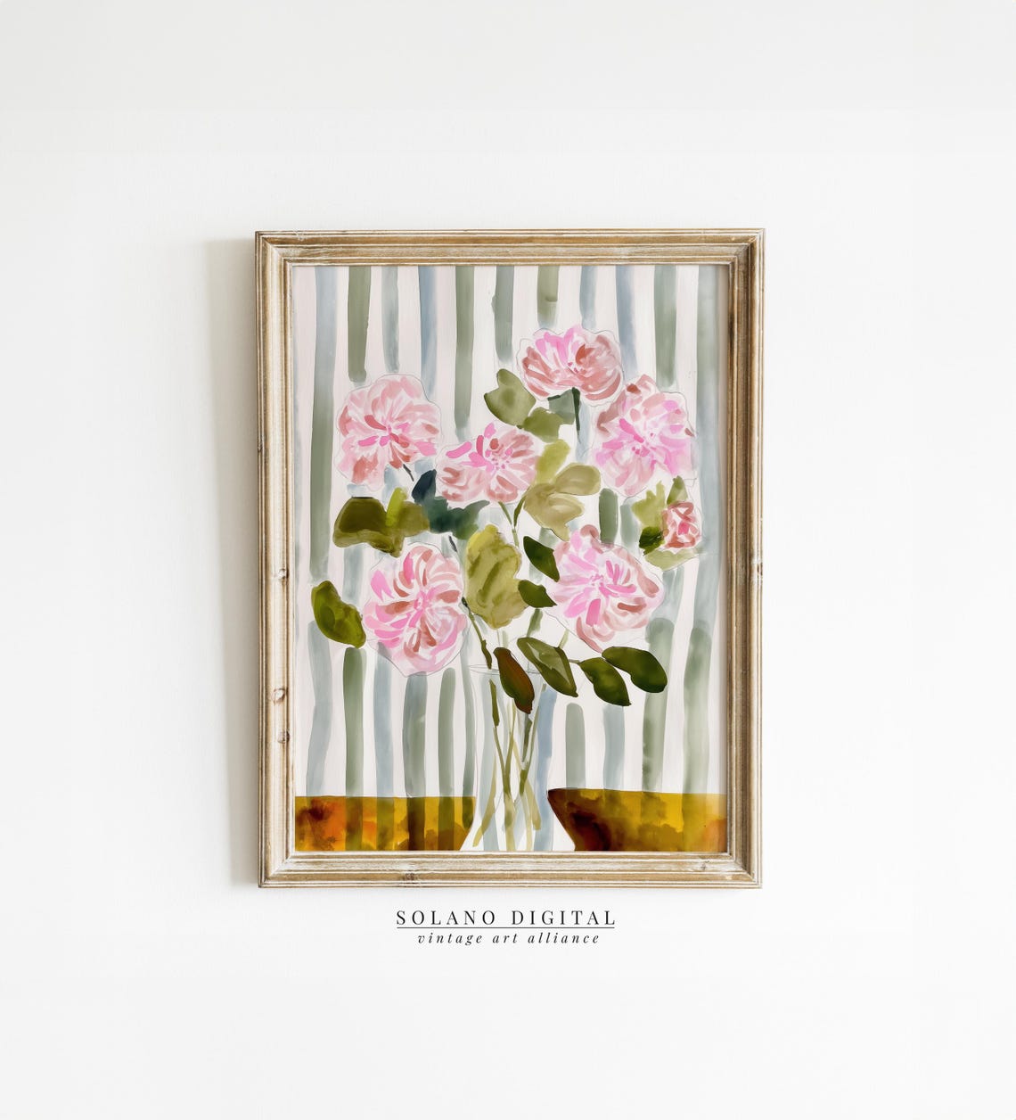 Striped Floral Art Modern Botanical Prints Pink Flower Watercolor Botanicals Grandmillennial Home Decor