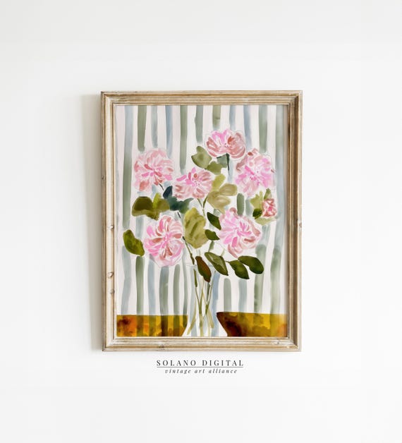 Striped Floral Art Modern Botanical Prints Pink Flower Watercolor Botanicals Grandmillennial Home Decor