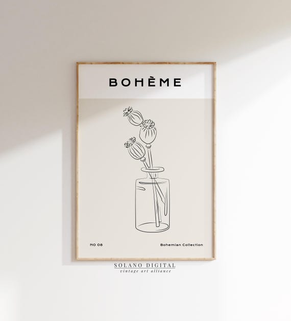 Boho Poppy Seed Pod Line Art Print Minimal Botanical Vase Poster Bohme Collection Wall Black And Beige