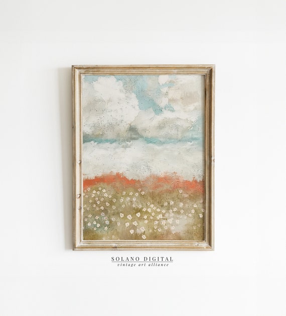 Spring Landscape Print Cloudy Sky Wall Art Country Farmhouse Oil Painting Vintage Countryside