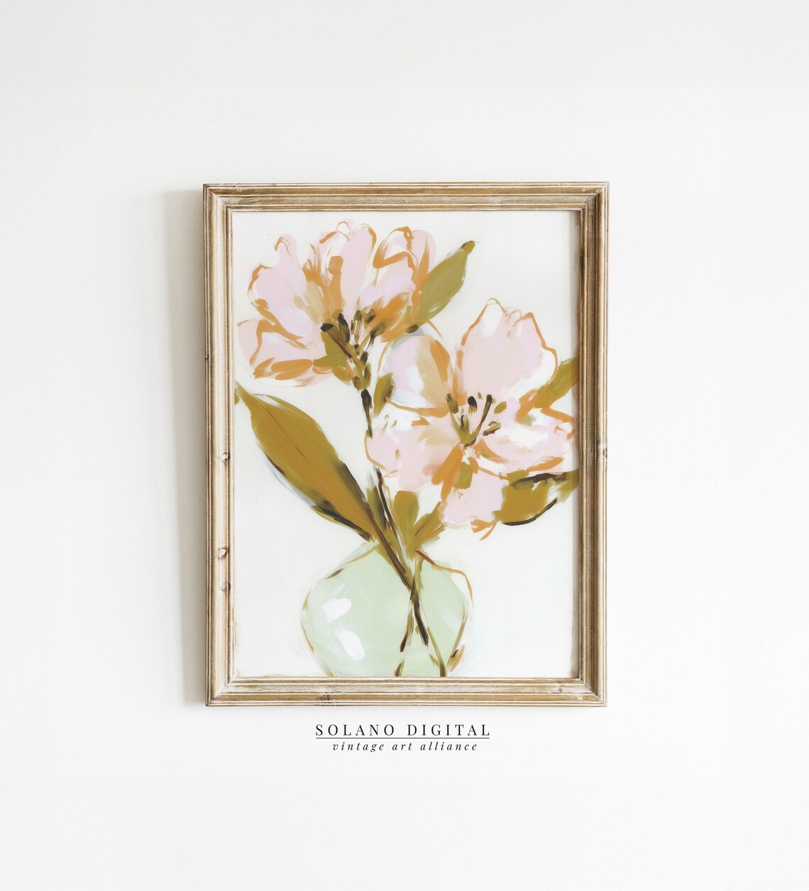 Blush Pink Floral Watercolor Art Print in Green Vase Botanical Art