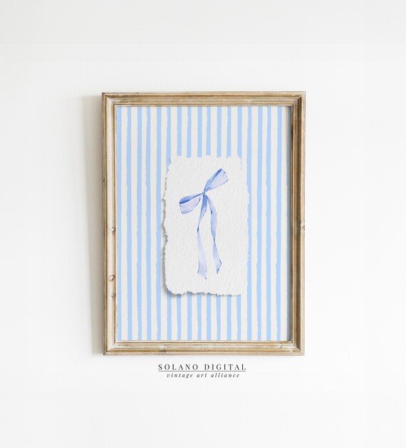 Delicate Blue Ribbon Bow Watercolor on Striped Paper Coquette Poster