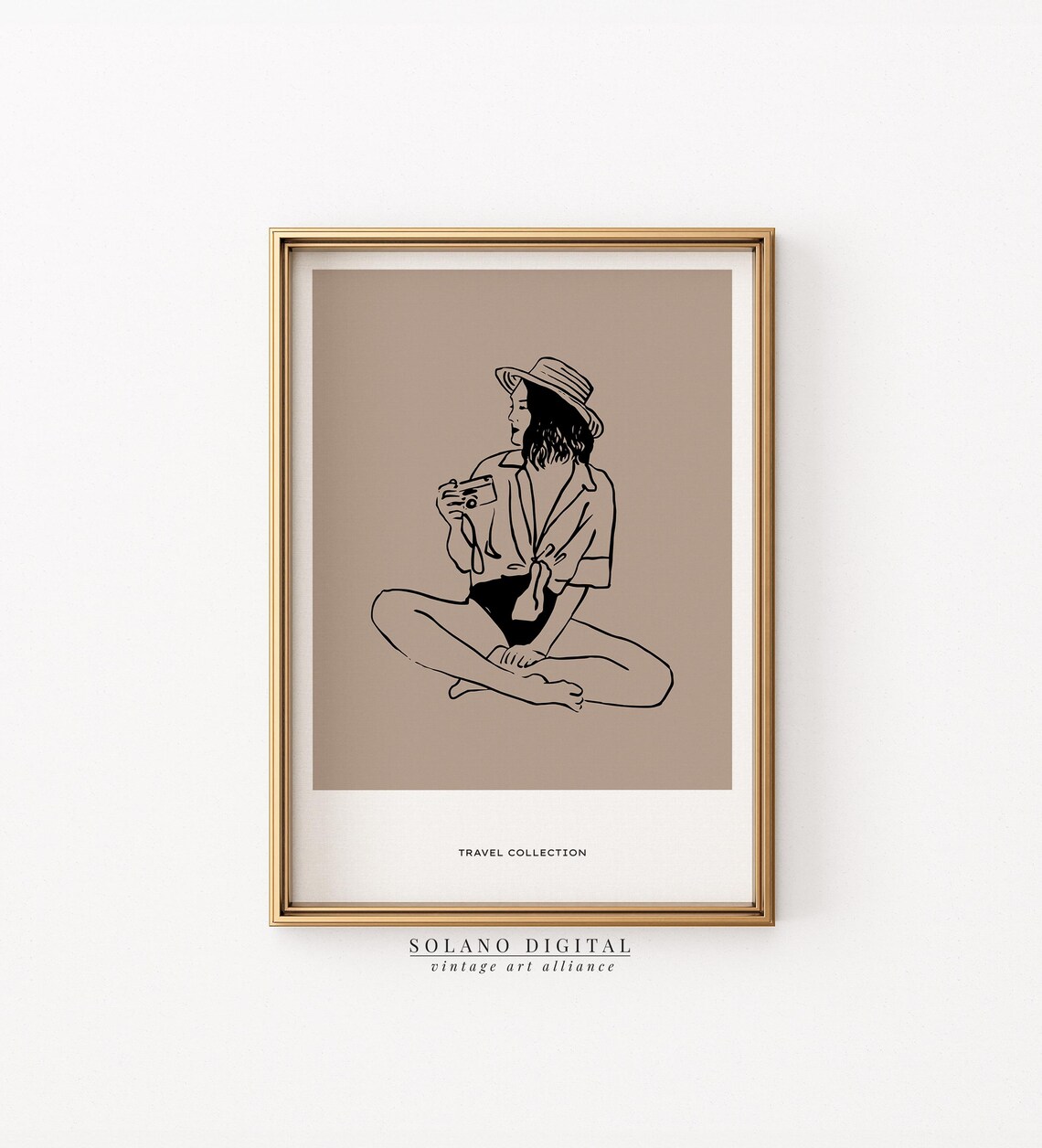 Travel Girl Line Art Camera Hat Minimalist Wanderlust Wall Poster
