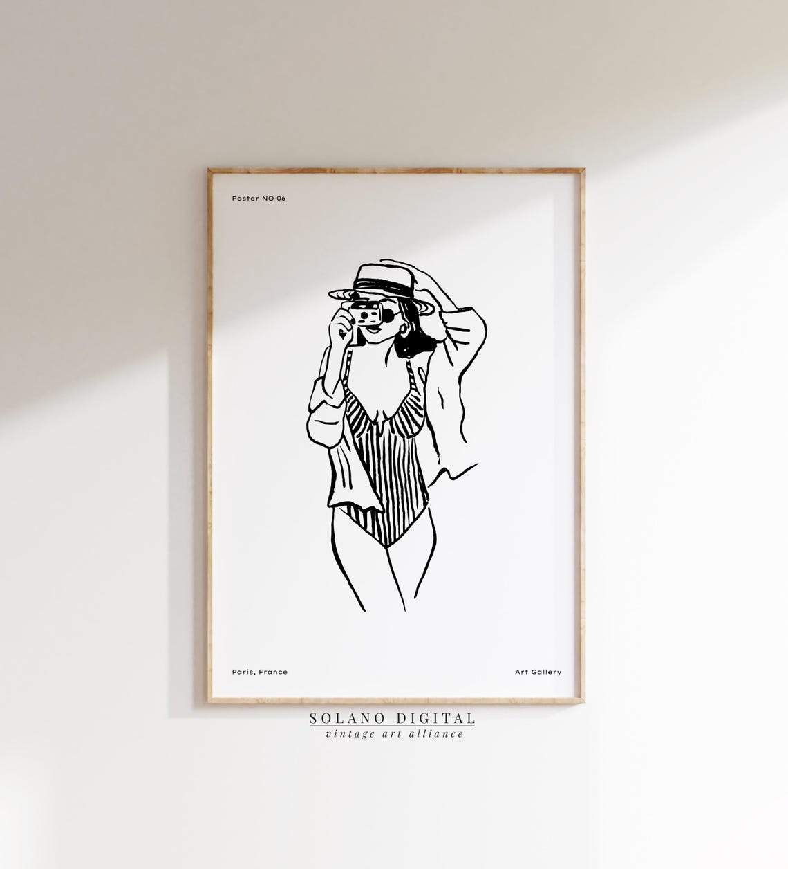 Summer Girl with Camera Minimalist Black White Line Art Poster