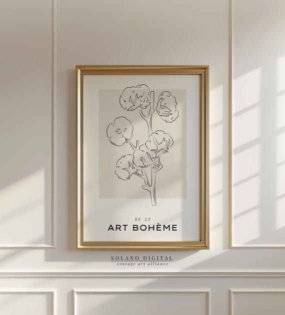 Cotton Plant Line Art Print Boho Botanical Poster From Bohme Minimalist Black White Floral Wall Decor