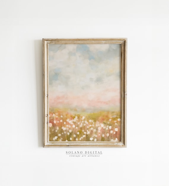 Spring Landscape Art Print, Pink Cloudy Sky