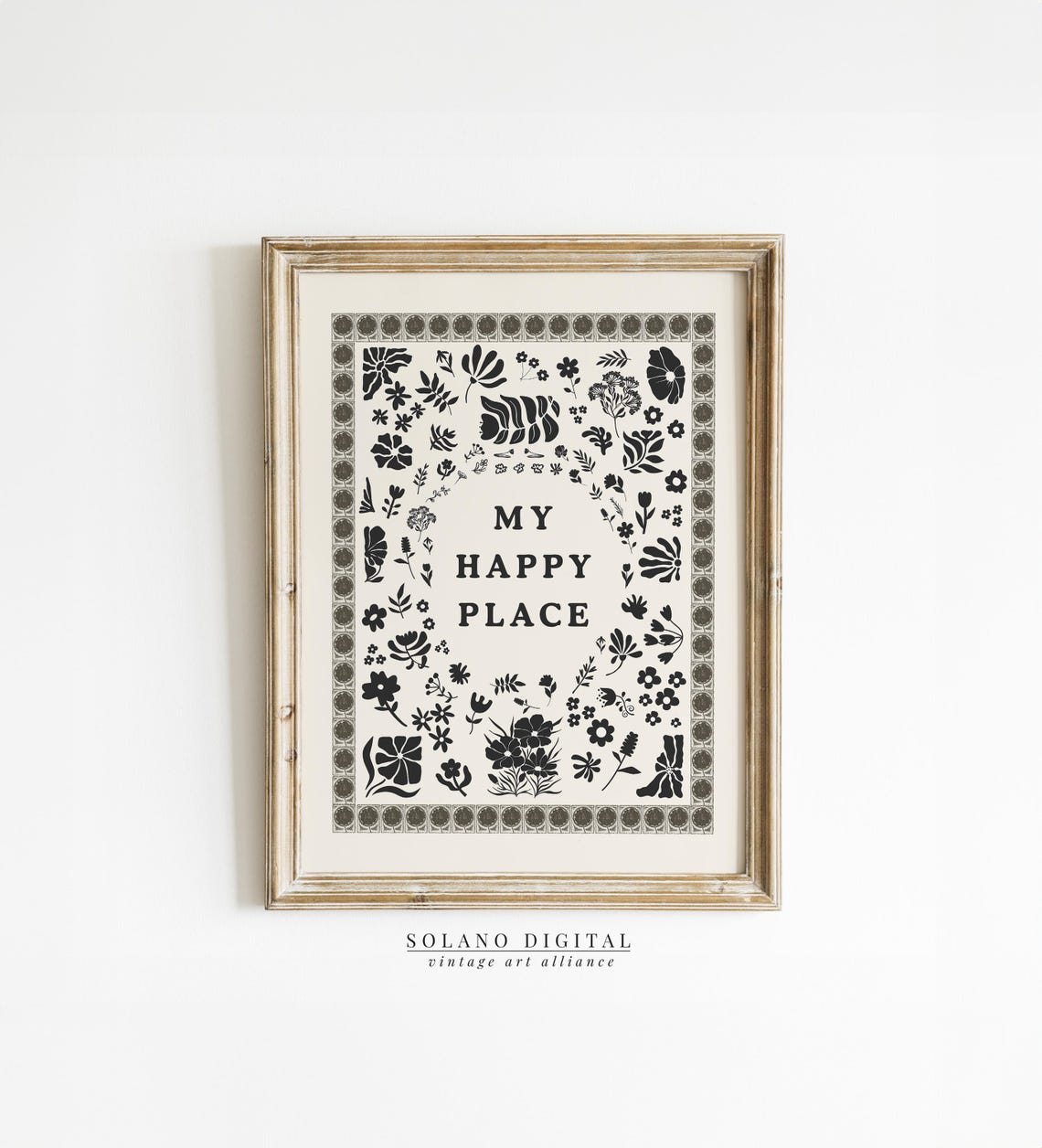 My Happy Place Black Botanical Typography Vintage Quote Poster