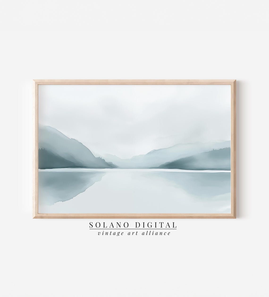 Misty Blue Gray Mountain Lake Reflection Watercolor Panorama Poster