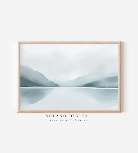 Misty Blue Gray Mountain Lake Reflection Watercolor Panorama Poster