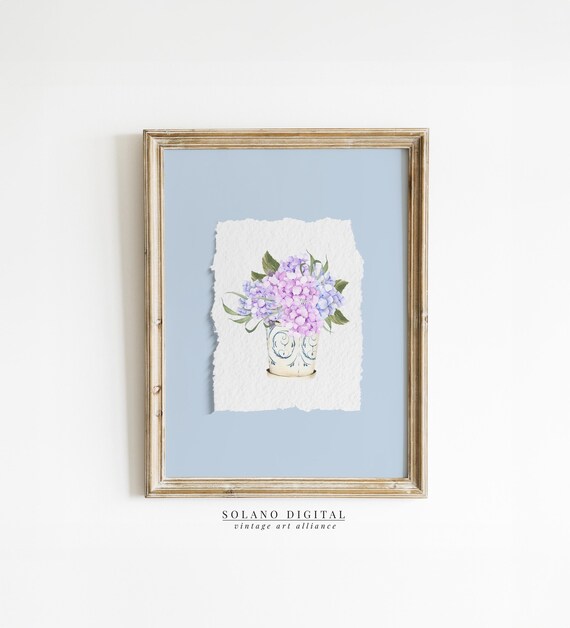 Pink Hydrangea Watercolor In Chinoiserie Pot Blue Mat Art Print