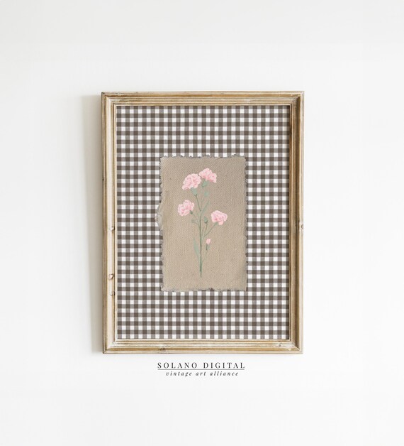 Brown Gingham Pink Flower Print Wall Art Trendy Decor Vintage Floral Painting Nursery Carnation Flowers