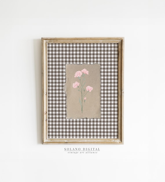 Pink Carnation Botanical Gingham Rustic Vintage Flower Poster