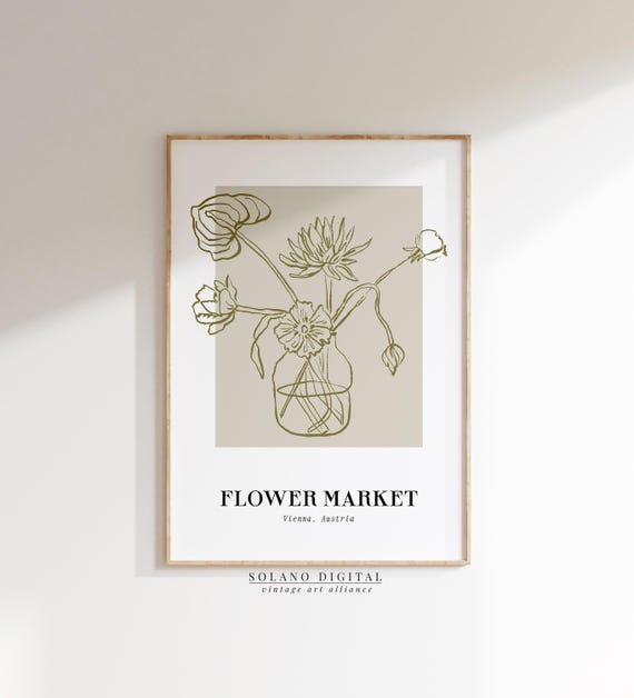 Vintage Flower Market Line Art Print Botanical Vase Drawing Neutral Wall Minimalist Poster Instant Decor